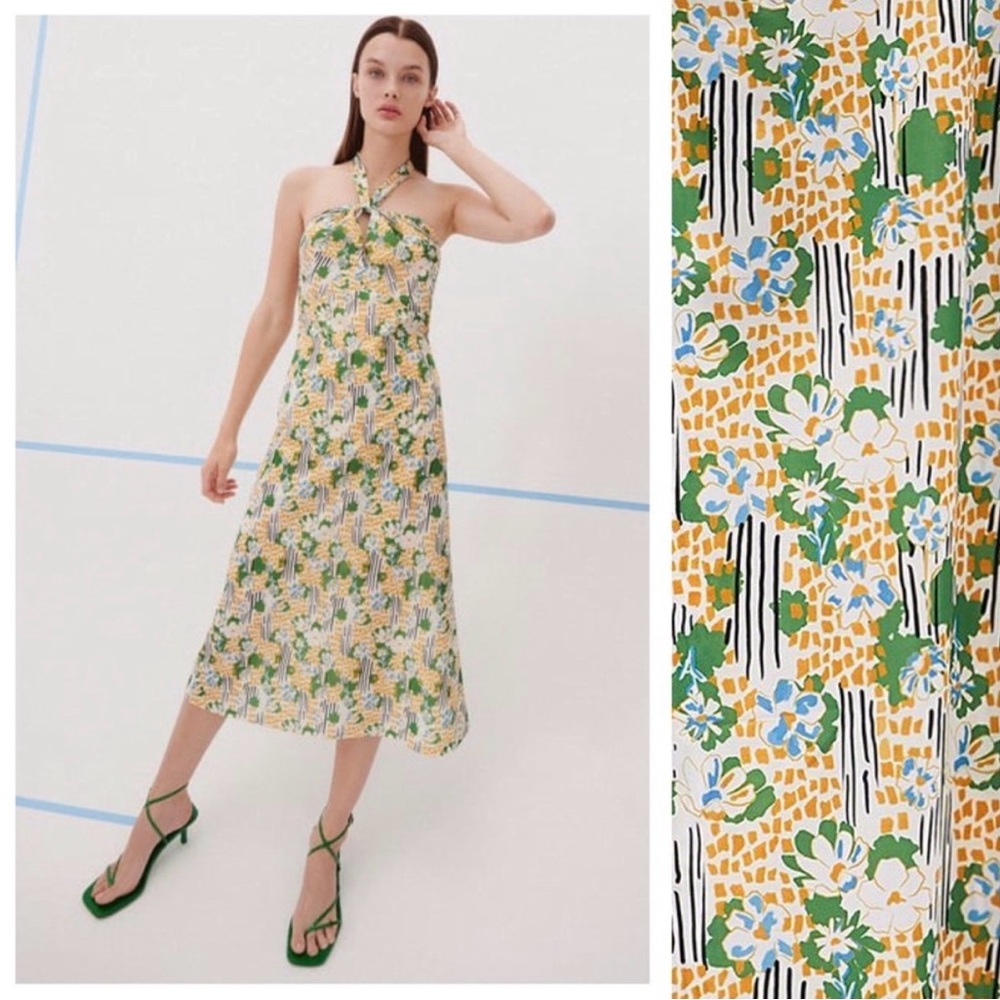 NWT. Zara Floral Print Retro Halter Dress. Size M.